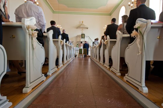 Interior view of a church during a wedding