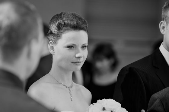 Smiling bride in black and white photo