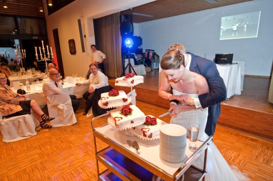 Bride and groom cutting the wedding cake, guests in the background.